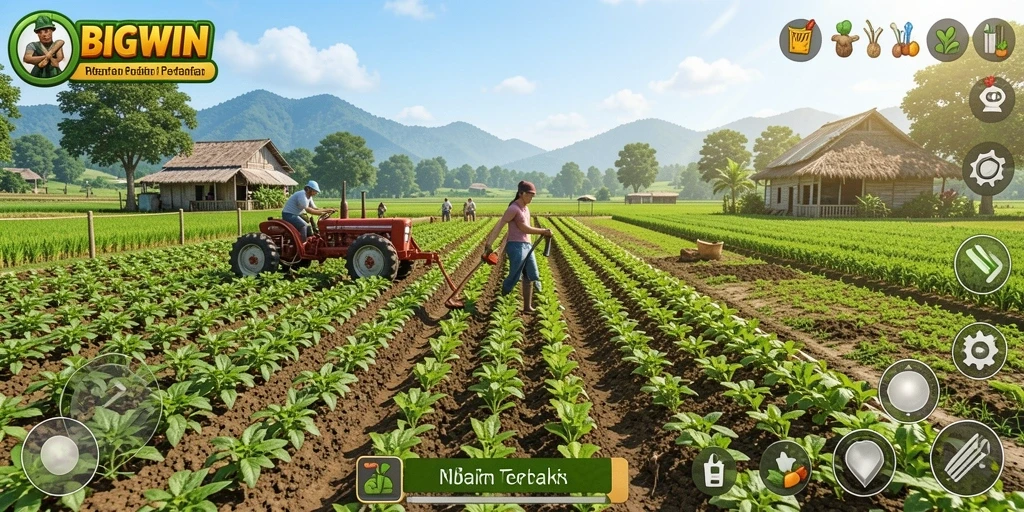 Tampilan gameplay yang menawan dalam BIGWIN dengan aktivitas bertani.