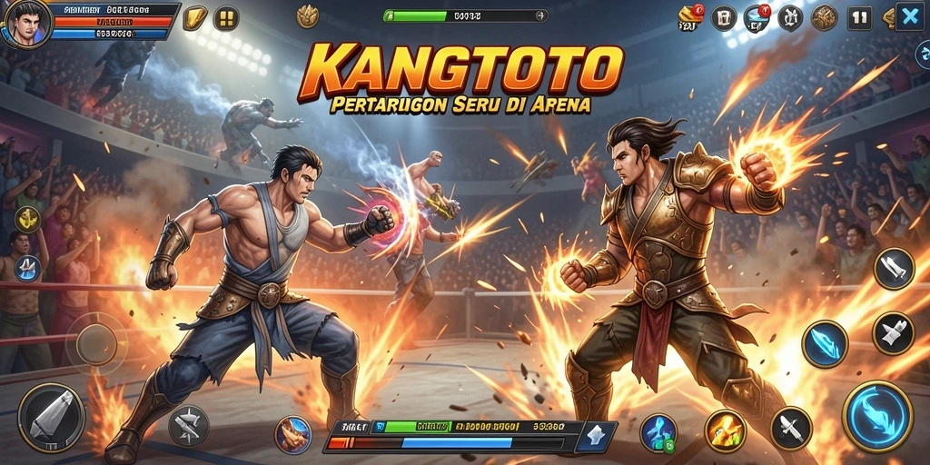 Tampilan gameplay KANGTOTO dengan karakter bertarung di arena.
