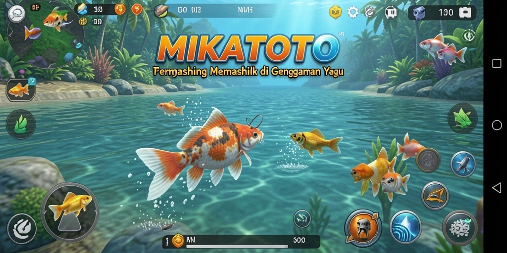 Tampilan gameplay MIKATOTO dengan aktivitas memancing yang seru.