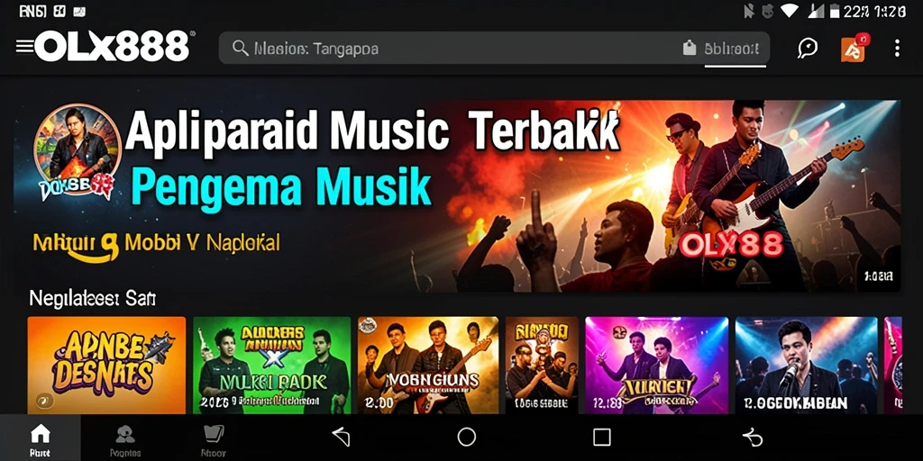 Tampilan utama OLX888 dengan berbagai pilihan lagu dan fitur menarik.