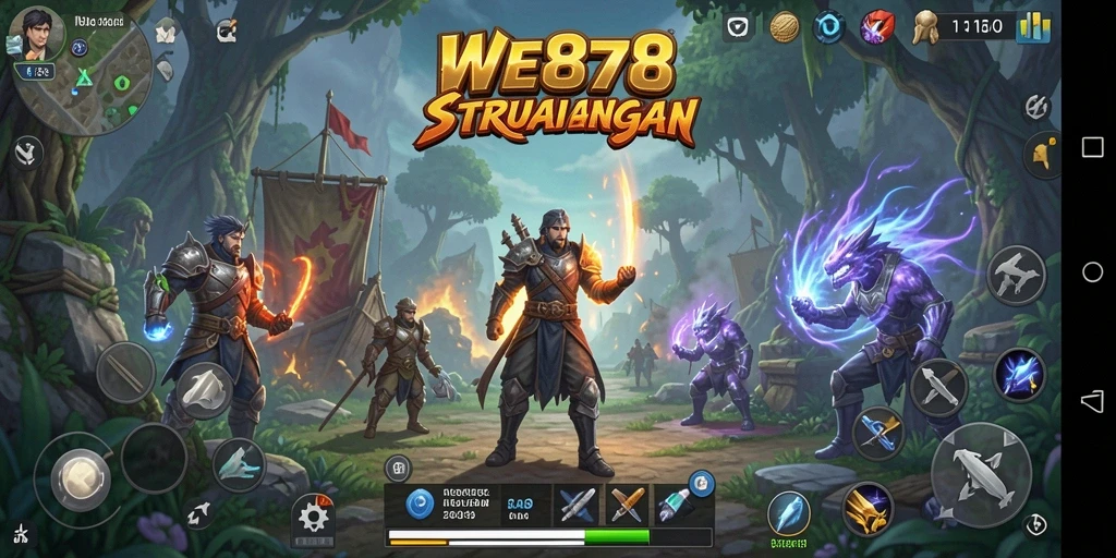 Screenshot utama WE878 menampilkan aksi pertempuran strategi yang mendebarkan.