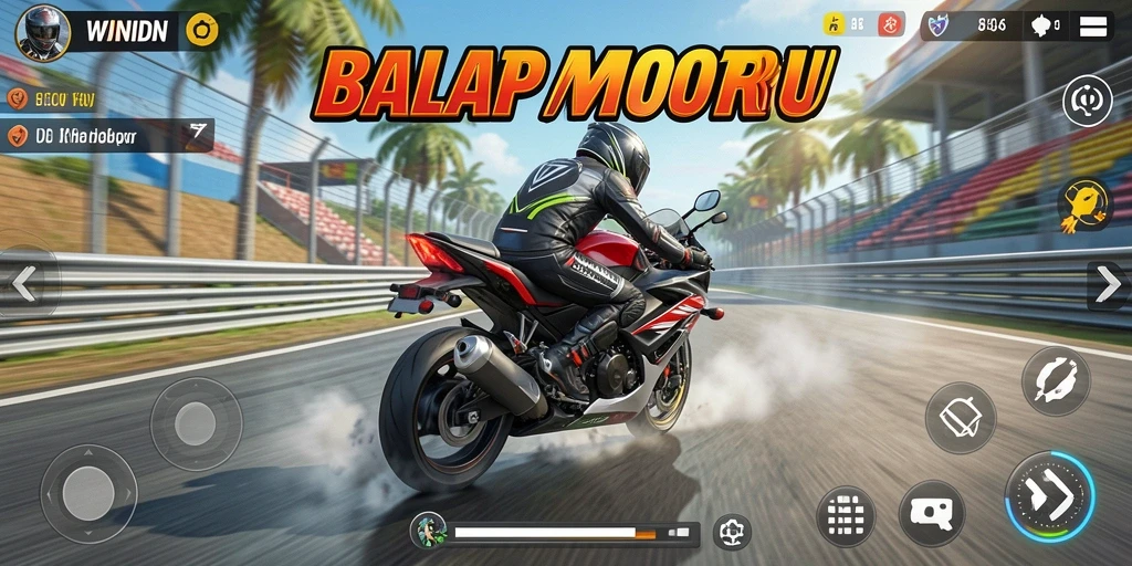 Screenshot permainan WINIDN dengan aksi balap motor yang menantang.